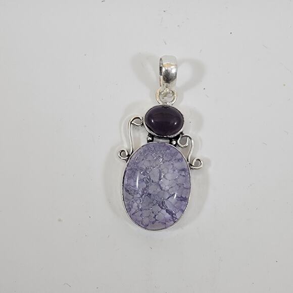 Handmade Silver Pendant with Crackled Amethyst and Deep Purple Gem - Picture 5 of 10